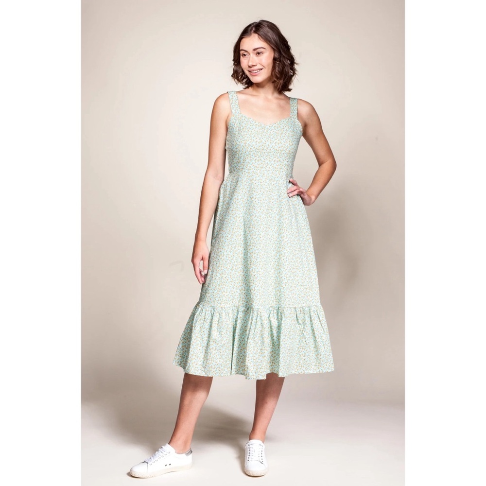 Pink Martini “Olive” seamfoam w dainty floral print peplum midi dress (XS)
